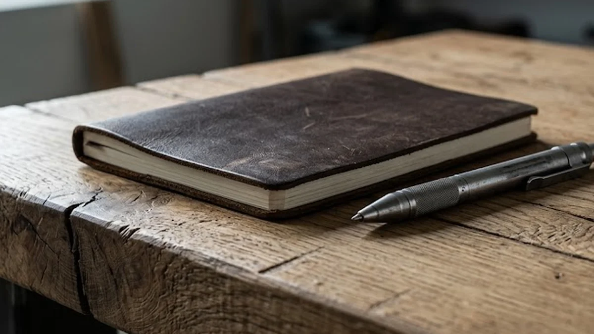 Bloc-notes en cuir et stylet en métal posés sur une table en chêne brut