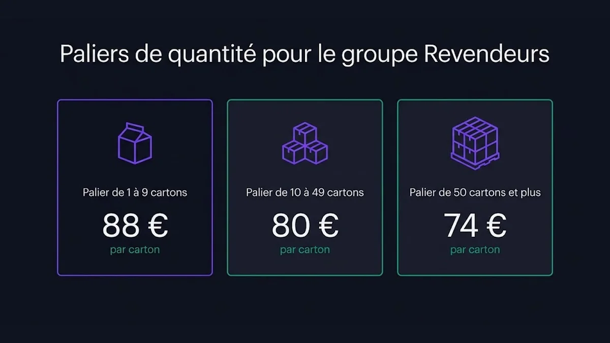 Paliers de quantité pour le groupe Revendeurs : Palier de 1 à 9 cartons, 88 € par carton ; Palier de 10 à 49 cartons, 80 € par carton ; Palier de 50 cartons et plus, 74 € par carton