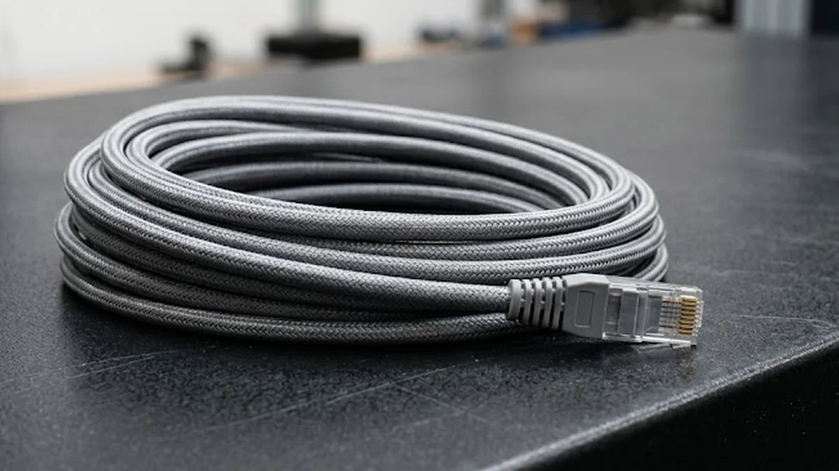 Câble réseau enroulé sur une surface métallique neutre