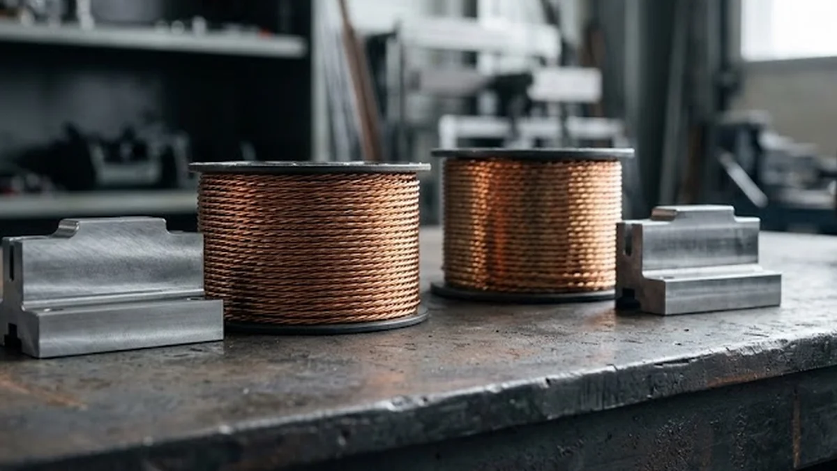 Bobines de cuivre et guides mécaniques sur un établi industriel
