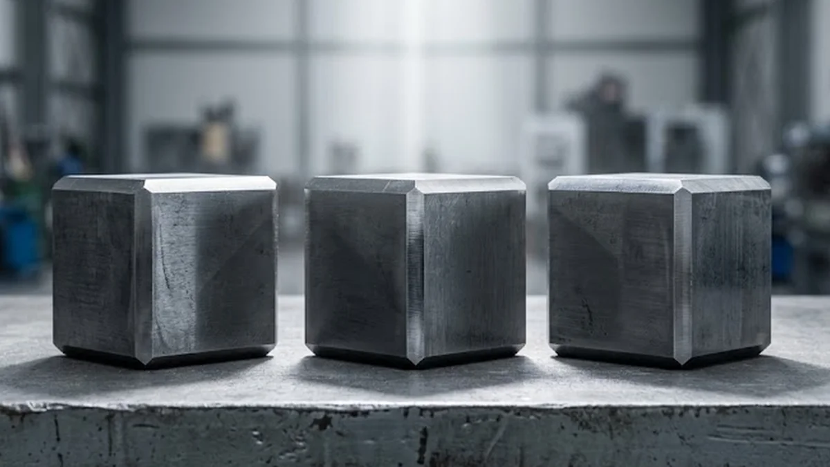 Trois cubes en acier trempé alignés sur un plan de travail métallique.
