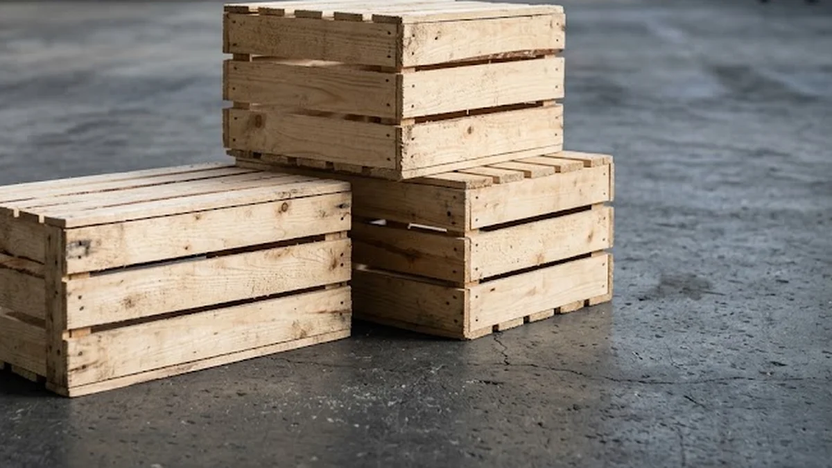 Caisses en bois brut sur un sol en béton ciré
