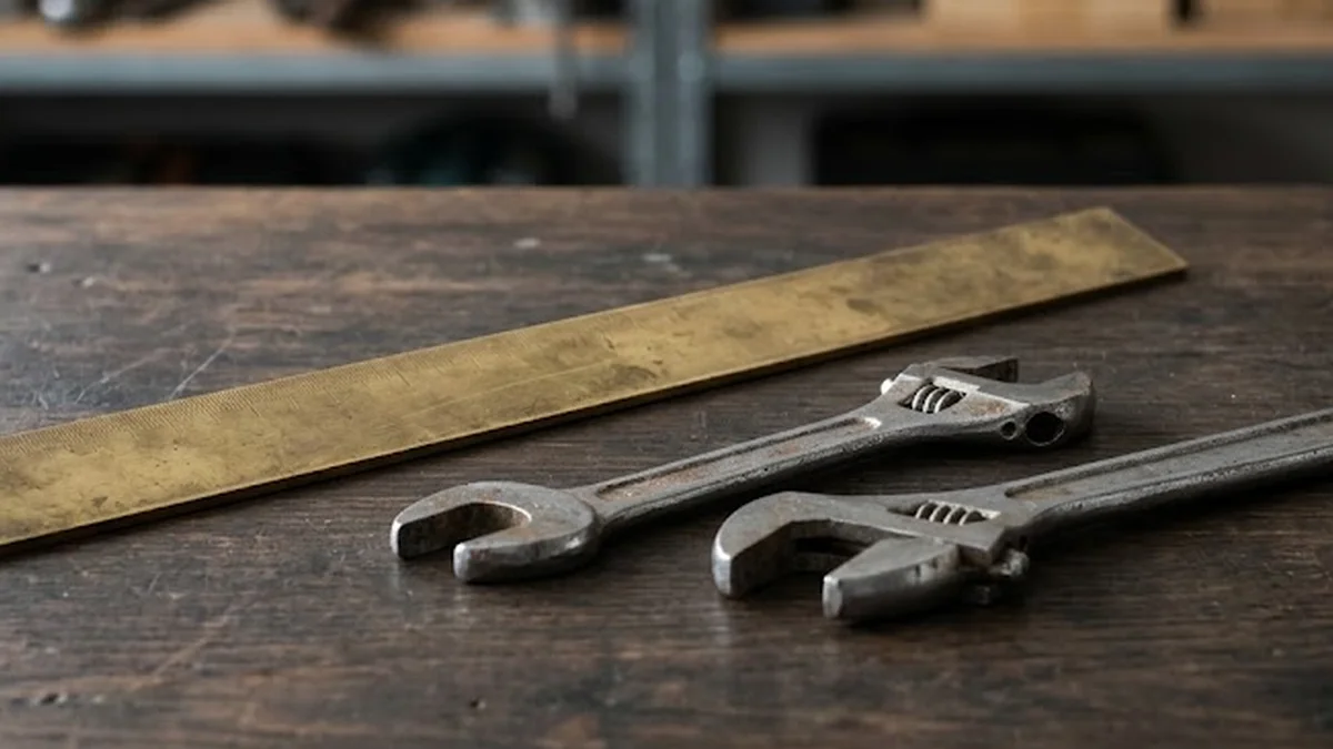 Règle en laiton et clés d'atelier sur un établi en bois sombre illustrant la préparation des échanges techniques