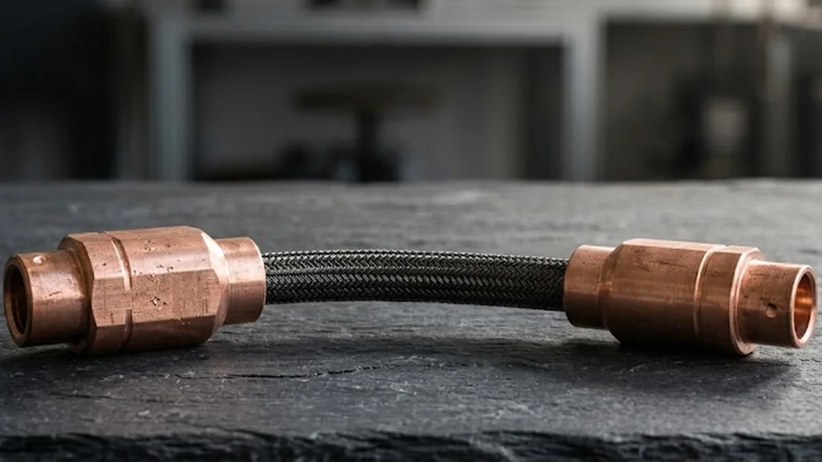 Connecteurs modulaires en cuivre et câble tressé sur une surface minérale en ardoise.