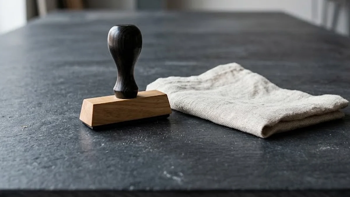 Tampon encreur en bois artisanal et papier buvard sur une surface minérale sombre