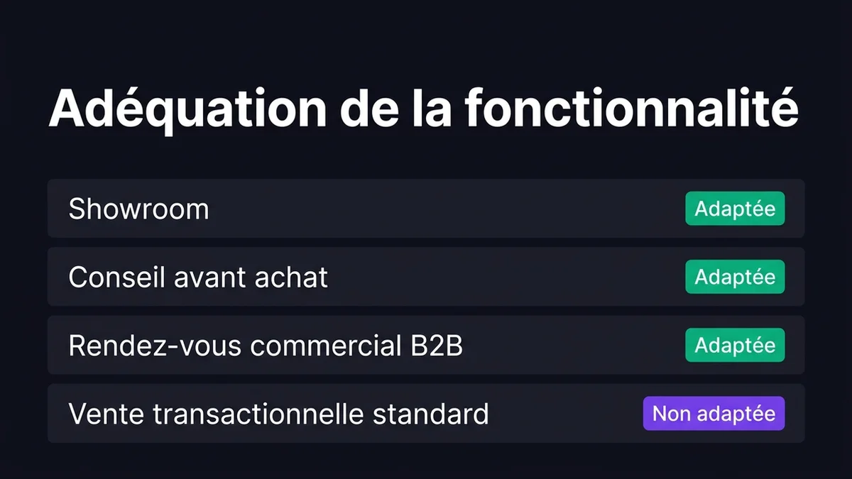 Adéquation de la fonctionnalité : Showroom, Adaptée ; Conseil avant achat, Adaptée ; Rendez-vous commercial B2B, Adaptée ; Vente transactionnelle standard, Non adaptée