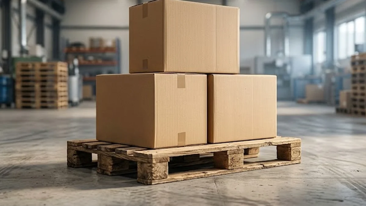 Trois colis d'expédition vierges empilés sur une palette en bois