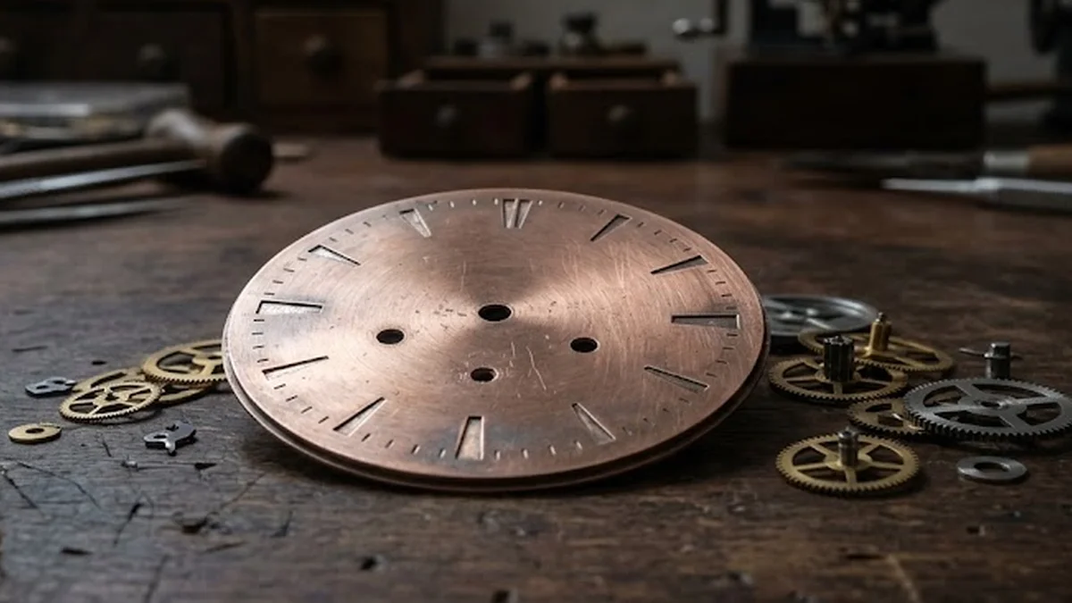 Mécanisme d'horloge en cuivre posé sur un établi en bois ancien.